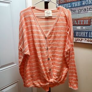 Fantastic Fawn Coral & White Striped V-Neck Button Cardigan